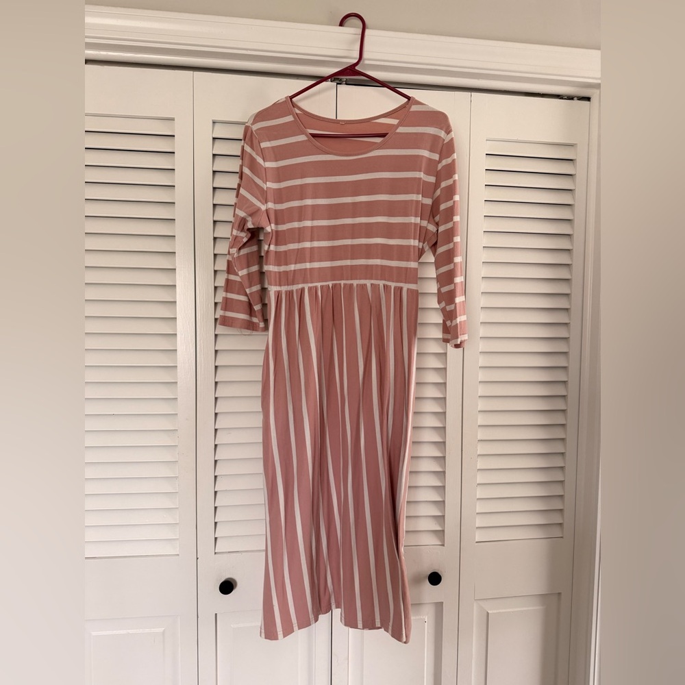 Pink and White Striped Midi Dress